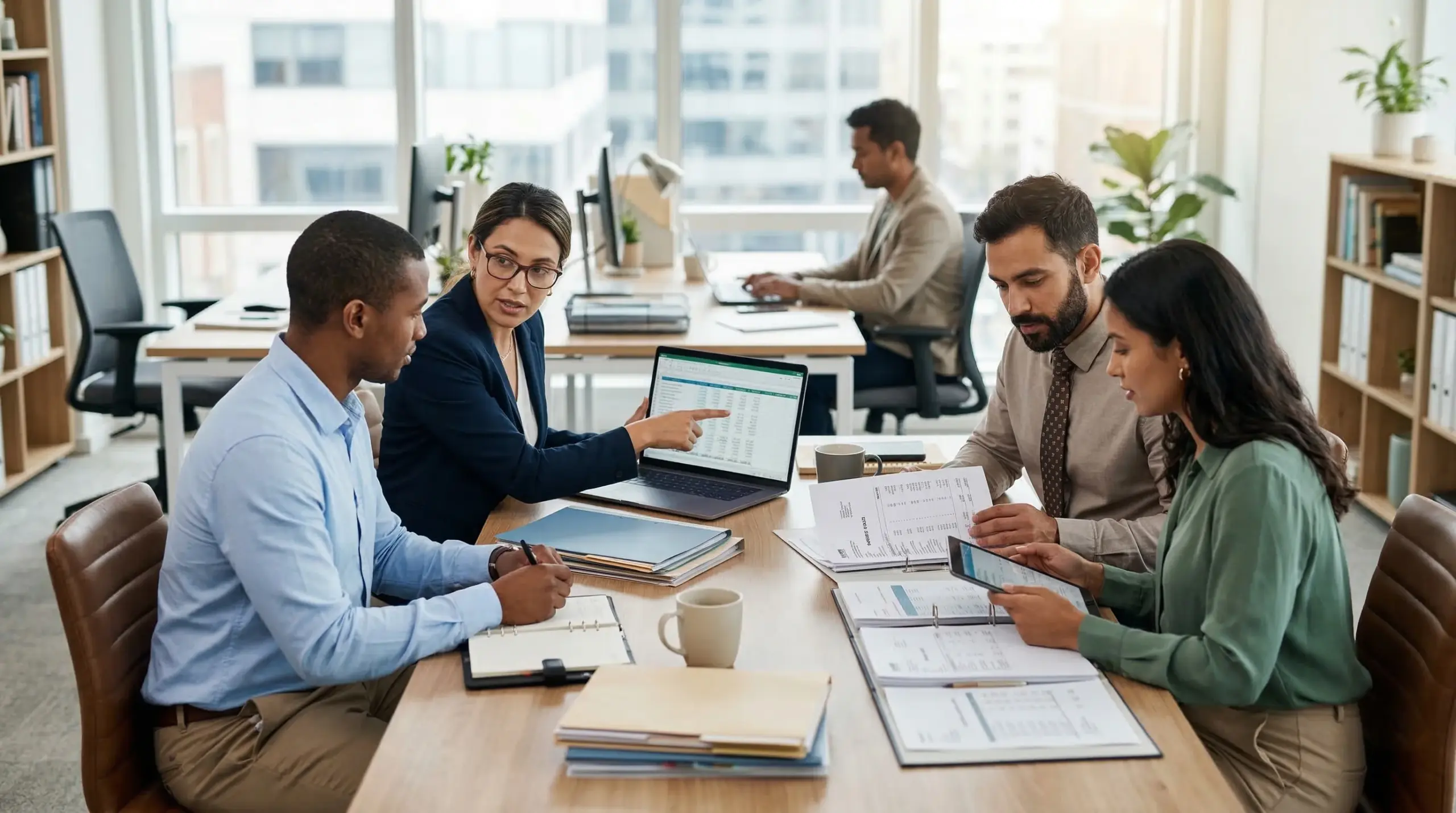 Equipo de asesores fiscales y laborales colaborando en una oficina moderna en Madrid, analizando datos contables y financieros para empresas y autónomos